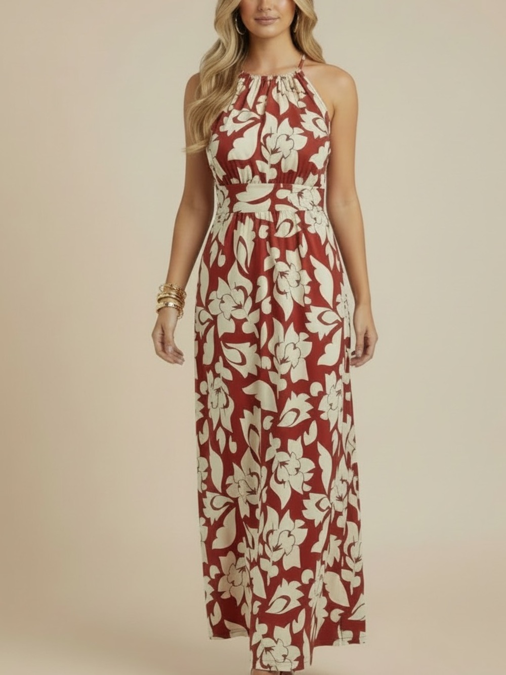NWT LONDON TIMES Red & Ivory Floral Halter Keyhole Front/Back Maxi Dress Size 8